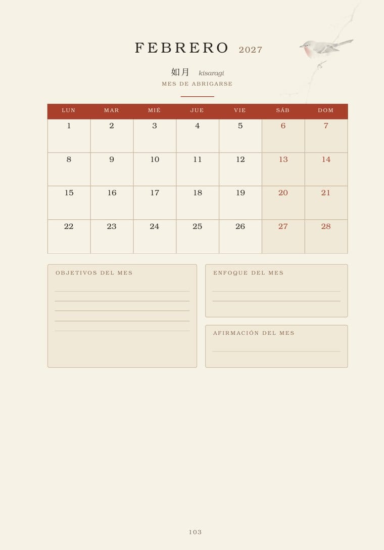 Portadilla de febrero de 2027 con su nombre antiguo en japonés, el calendario del mes y cajas para objetivos, enfoque y afirmación